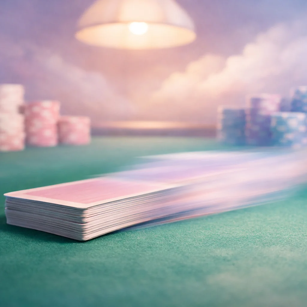 Pastelkleurige speelkaarten waaieren boven dromerige casinotafel
